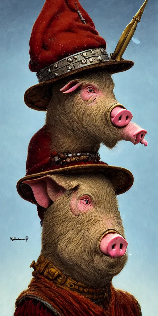 Image similar to rpg! profile!!! portrait of humanoid pig on white background, wizard hat, wizard cloak, surreal, vintage doll, intricate, highly detailed, digital painting, artstation, concept art, smooth, sharp focus, illustration, art by norman rockwell emiliano ponzi andrey remnev yoann lossel aaron jasinski, 8 k