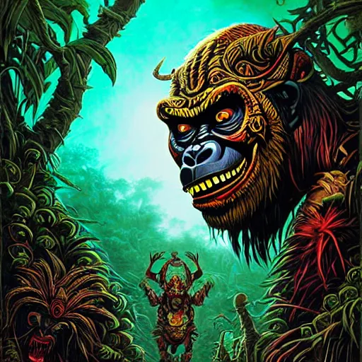 Image similar to barong family member, wiwek, mara demon, one single tribe member, jungle, one single mask, dark, ancient warrior, gorilla, lizard, tribal, inner glow, art by dan mumford and justin gerard