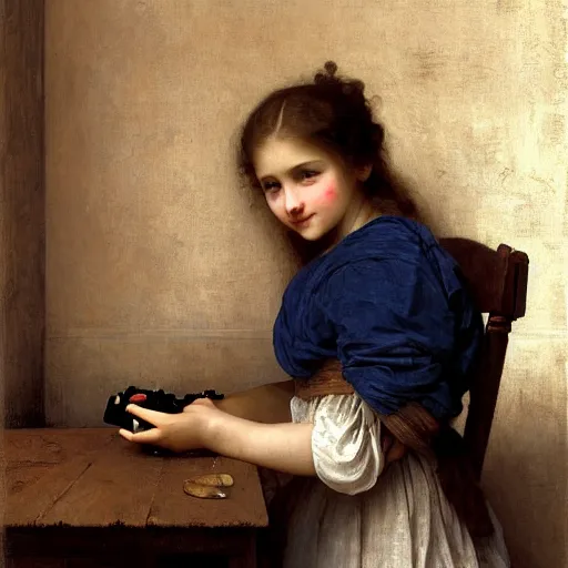 Image similar to Painting of young girl. Playing Xbox. Art by William Adolphe Bouguereau. Extremely detailed. 4K. Award winning.