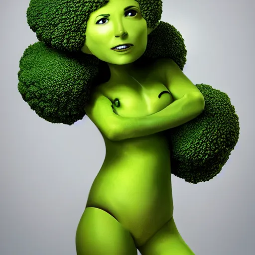 Prompt: anthropomorphic broccoli with [ an elizabeth olsen face ]!!, trending on artstation, 4 k quality, intricate