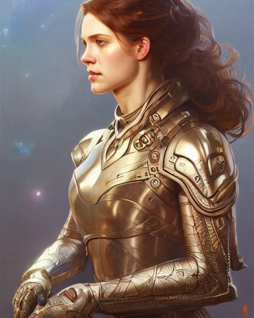 Image similar to portrait of viking, spacesuit, blue eyes, real life skin, intricate, elegant, highly detailed, artstation, concept art, smooth, sharp focus, art by artgerm and greg rutkowski and alphonse mucha