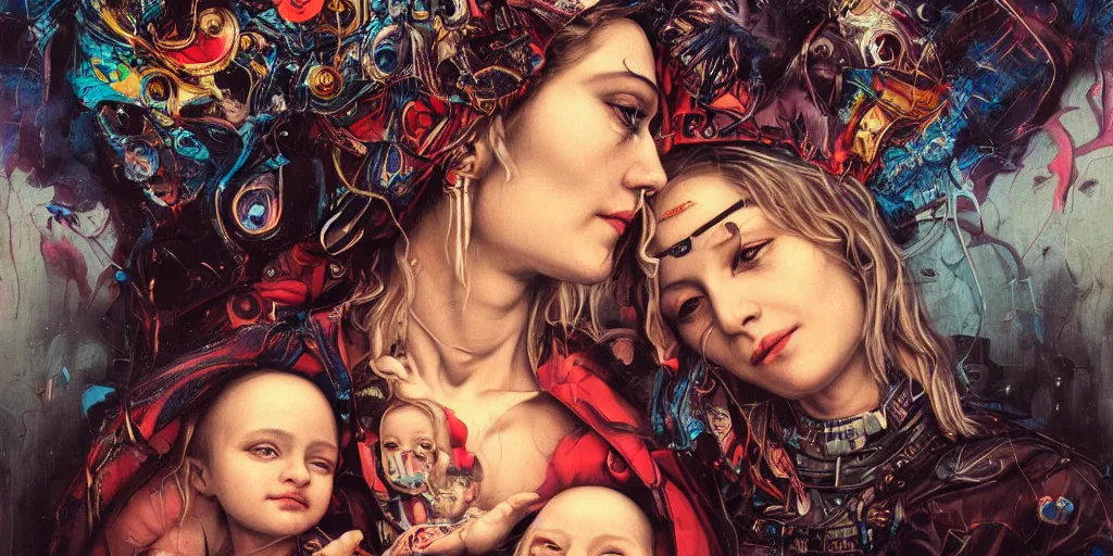 Image similar to portrait of Madonna and Child ,8k,by tristan eaton,Stanley Artgermm,Tom Bagshaw,Greg Rutkowski,Carne Griffiths, Ayami Kojima, Beksinski, Giger,trending on DeviantArt,face enhance,hyper detailed,minimalist,cybernetic, android, blade runner,full of colour, super detailed