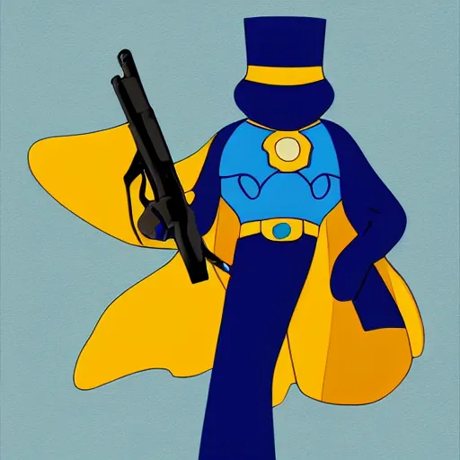 Image similar to superhero with tophat and a rifle in blue and yellow clothes, digital art, trending on artstation, by studio ghibli