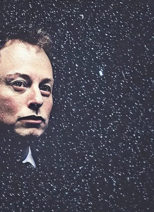 Image similar to dark photo of dark blue rainy bedroom window at night, creepy face of elon musk staring in through the window, horror, scary face,