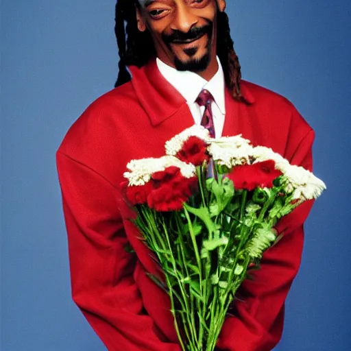 Prompt: Snoop Dogg smiling while holding a Vase of flowers for a 1990s sitcom tv show, Studio Photograph, portrait, happy C 12.0