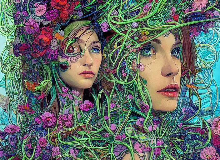 Prompt: a painting of a beautiful cyborg girl with a lot of flowers and plants on its head, surrounded by cables, poster art by android jones, behance contest winner, generative line art, made of flowers, grotesque, concert poster