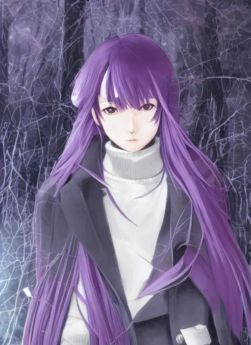 Image similar to illustration by shigenori soejima, by tatsuki fujimoto, by yoji shinakawa, girl, middle - parted long straight light purple hair, grey turtleneck coat, forest background, focus on face, pretty, moody lighting, painterly