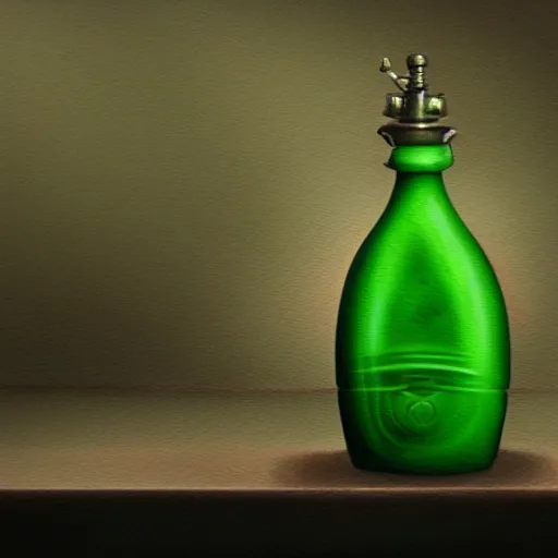 Prompt: a painting of a detailed steampunk mechanical jade colored potion bottle centred on a counter, by h. r. giger, hyperrealistic fantasy art, concept matte, ethereal, dreamy, digital art, trending on artstation, volumetric cinematic lighting