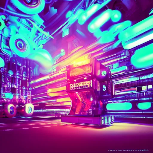 Prompt: cover art, album is called tripmachine, tripmachine, photo of a huge futuristic steampunk machinery made of boomboxes, connected with glowing tubes 8 k, fluorescent colors, halluzinogenic, multicolored, exaggerated detailed, front shot, 3 d render, octane