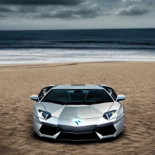 Image similar to A beautiful silver Lamborghini aventador on the beach, 8k, ray tracing reflection