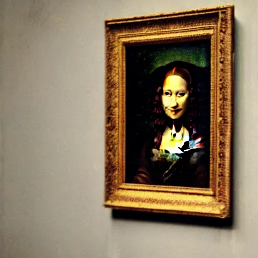 Image similar to nytimes mona lisa vandalized, vandal painted a frog on her shoulder