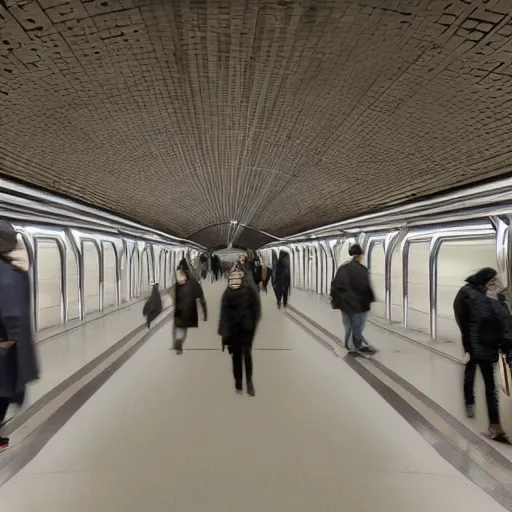 Image similar to an underground New York City subway station platform designed by Zaha Hadid