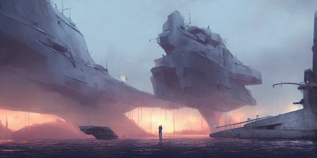 Image similar to render of huge futuristic warship boat, by Ian McQue, Rutkowski, lee madgwick and hubert robert, concrete building by le corbusier on the background, puddles of water, trees and bushes, blade runner style, neon glow, vivid color, moody lighting, unreal engine, bright sunrise, epic skies, foggy