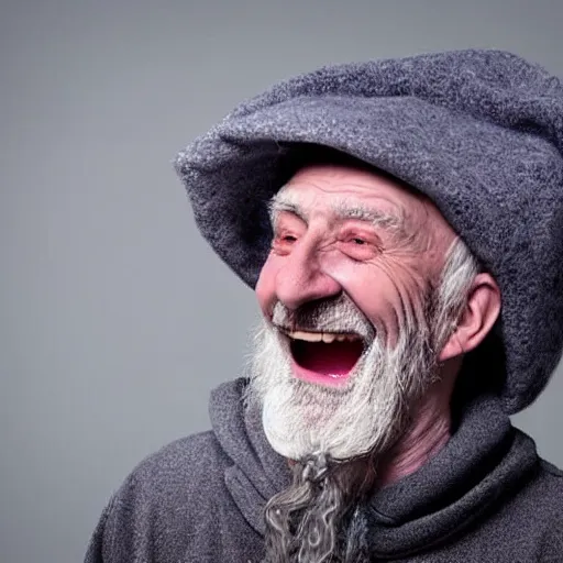 Image similar to a crazy old druid wizard, bald, bushy grey eyebrows, long grey hair, disheveled, wise old man, wearing a grey wizard hat, wearing a purple detailed coat, a bushy grey beard, sorcerer, he is a mad old man, laughing and yelling