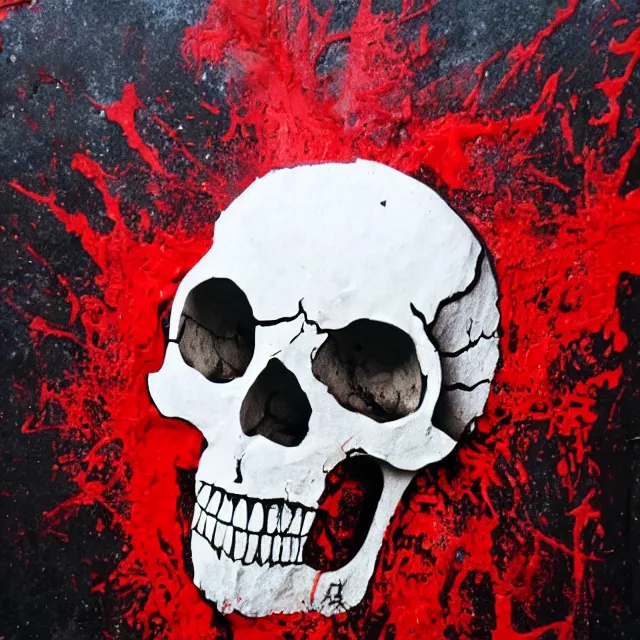 Image similar to skull pouring out blood, primitive art, spray paint