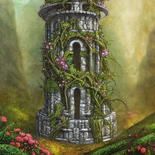 Image similar to fantasy stone tower covered in vines and flowers, misty forest, highly detailed, realistic, boris vallejo