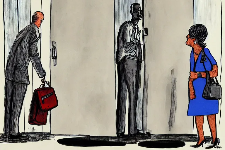 Image similar to tall, security guard checks the bags of a worried looking woman, art, satire