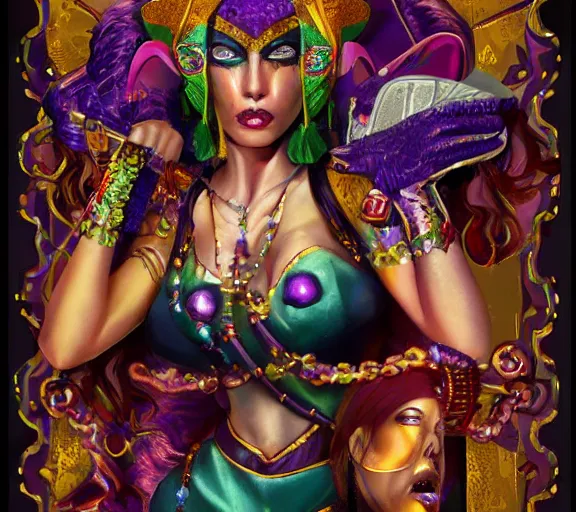 Image similar to beautiful female character inspired by new orleans mardi gras and cubism vampire bounty hunter | | digital artwork made by greg rutswork, anna dittmann and lois van barlee, symmetrical rim light, anatomically correct