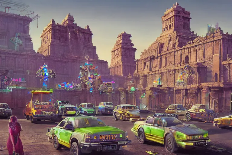 Image similar to hyperrealistic matte painting of aztec temples in a future environment with flying cars, mechanical features and neon, graffiti, scaffolding, smog, destruction by filip hodas, beeple, 4 k, trending on cgsociety