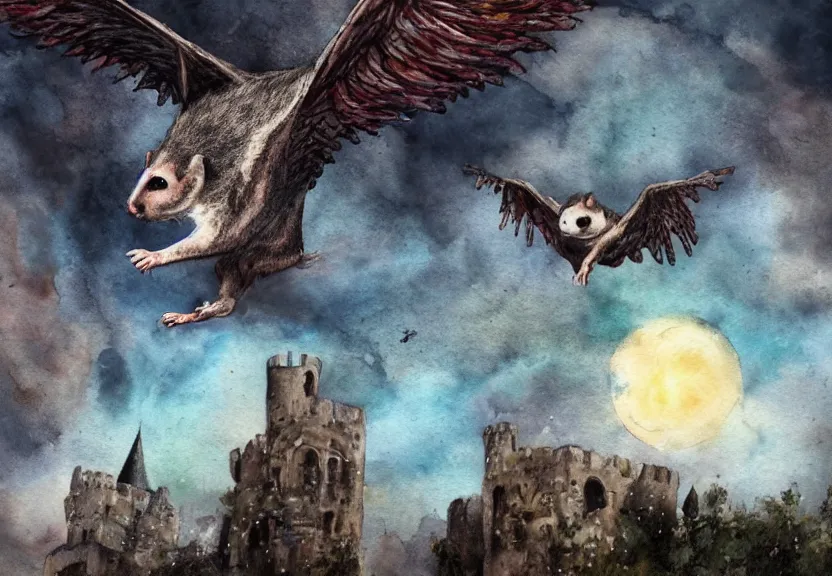 Image similar to epic winged possum flying over a medieval castle under a dark starred sky, dark fantasy, watercolor, dreaming illusion, highly detailed, 4k, trending on Artstation, award-winning