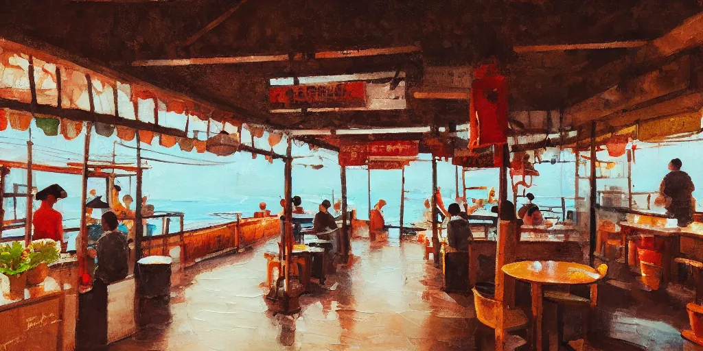 Image similar to interior of a small kopitiam at pulau indah fishing village, near a jetty, early morning, detailed painting, low angle view, telephoto lens, bokeh, hayao miyazaki, studio ghibli, artstation