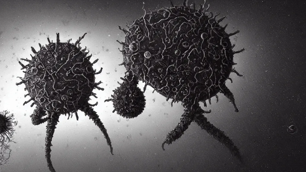 Image similar to a beautiful microscopic scientific photo of a coronavirus and a strange life form seen through an electron microscope, dark, sinister, detailed, art by Greg Rutkowski