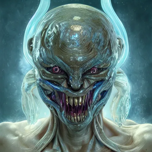 Image similar to whirling portrait of a twisting bloodied filigreed genderless insect alien monster, muscles, rippling, space warping, ultra realistic, concept art, intricate details, eerie, highly detailed, photorealistic, octane render, 8 k, unreal engine. art by artgerm and greg rutkowski and alphonse mucha