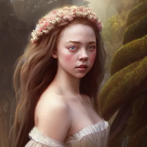 Prompt: beautiful & natural Sydney Sweeney as a 1700s princess by Artgerm and Greg Rutkowski, intricate, elegant, highly detailed, digital painting, artstation, concept art, smooth, sharp focus, illustration,