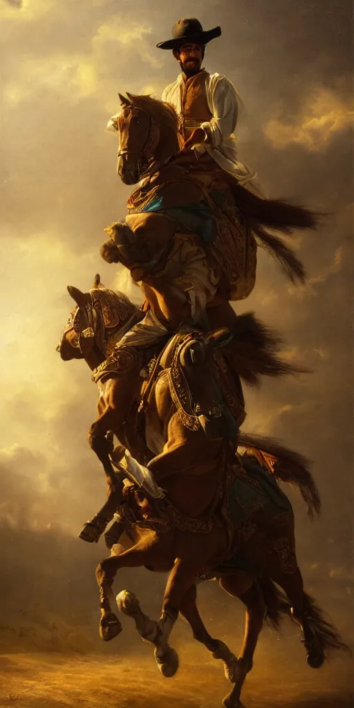 Prompt: Highly detailed and cinematic romantic period oil painting of an Arabian prince riding a rearing horse, beautifully lit and atmospheric, an oil painting masterpiece by Josep Tapiró Baró, RPG portrait, dynamic lighting, 8K