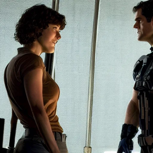 Prompt: Henry Cavill as Dwayne Hicks and Mary Elizabeth Winstead as Ellen Ripley, both in Aliens Remake directed by Denis Villenueve.