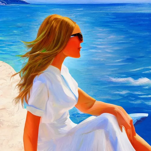 Prompt: slim cruel girl in wavy dress with white bob hair, elegant in italy, capri coast, sea, sunny day, summer, clouds on the sky, oil painting style,