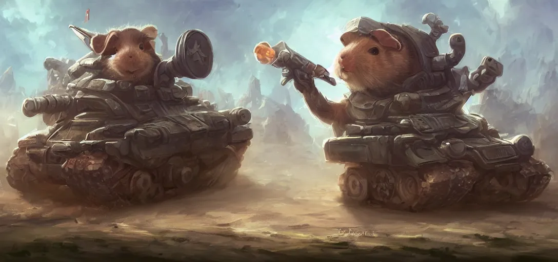 Image similar to cute little anthropomorphic Guinea Pig driven tank battalion driving towards a city, ultra wide lens shot , tiny, small, short, cute and adorable, pretty, beautiful, DnD character art portrait, matte fantasy painting, DeviantArt Artstation, by Jason Felix by Steve Argyle by Tyler Jacobson by Peter Mohrbacher, cinematic lighting