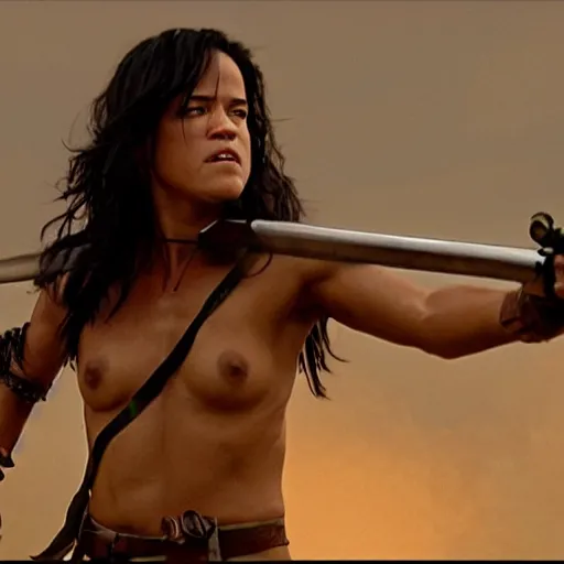 Image similar to Michelle rodriguez as an amazone warrior killing soldiers with her spear, cinematic lighting, high quality 8k hd, oil on canvas, hyperralistic art