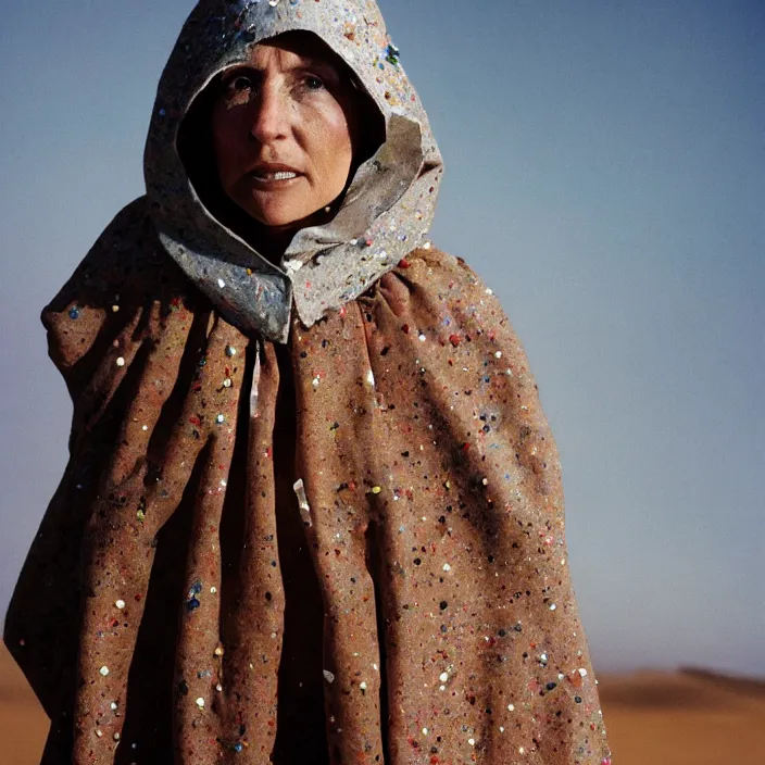 Image similar to closeup portrait of a woman with a hood made of paper and sprinkles, standing in a desolate apocalyptic landscape, by Annie Leibovitz and Steve McCurry, natural light, detailed face, CANON Eos C300, ƒ1.8, 35mm, 8K, medium-format print