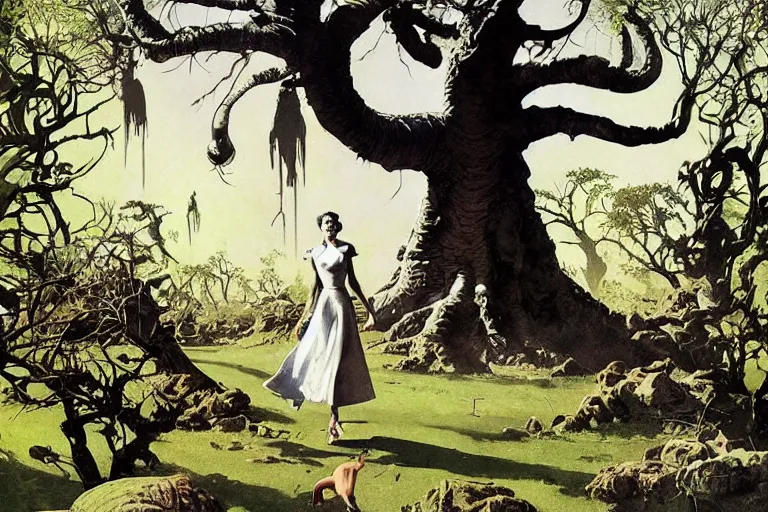 Prompt: 5 0 s pulp scifi illustration, elegant alien female strolls on lawn in beautiful extraterrestrial gardens, baobab tree, by norman rockwell, jack kirby, john berkey, bergey, craig mullins, ruan jia, raymond swanland, jeremy mann, beksinski, tom lovell, alex malveda, schomburg