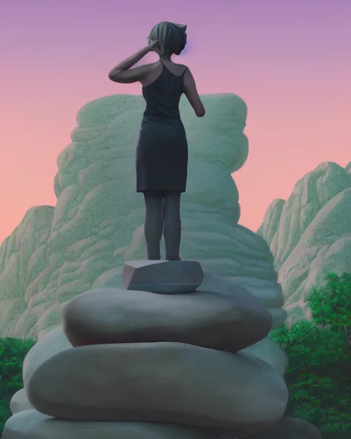 Prompt: a painting of a real woman standing in front of a huge stone statue, a screenshot by stanley twardowicz, cgsociety, aestheticism, aesthetic, vaporwave, anime aesthetic