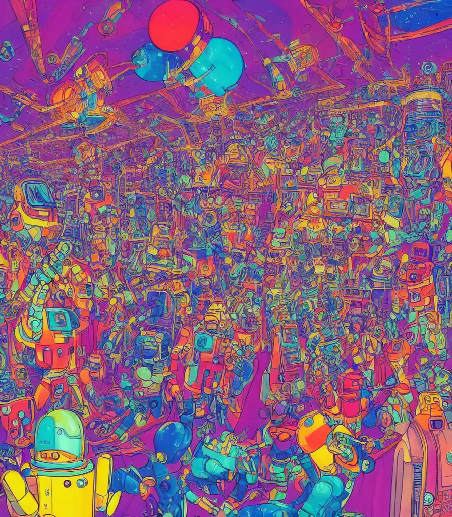 Image similar to a brightly colored drawing of some scientists throwing a party after a heureka moment, 8 0 s art deco international space station, robots, led screens, droids, a detailed painting by lisa frank, james jean, kilian eng, moebius, featured on deviantart, psychedelic art, psychedelic, whimsical, vivid colors