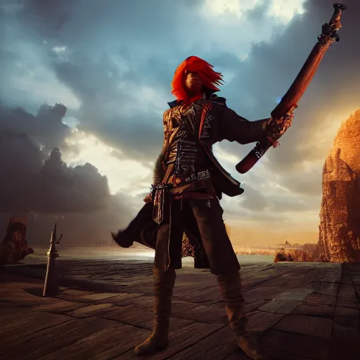 Prompt: A red headed sky-pirate with pistol and sword, epic fantasy, octane render, high detail, photorealistic, High details,4k