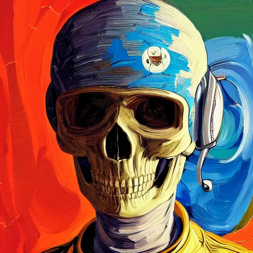 Prompt: a portrait of a child astronaut skull face, angel, wings, in the style of artgerm, van gogh, atey ghailan and steve mccurry, vibrant colors and hard shadows and strong rim light, lucien freud, comic cover art, trending on artstation