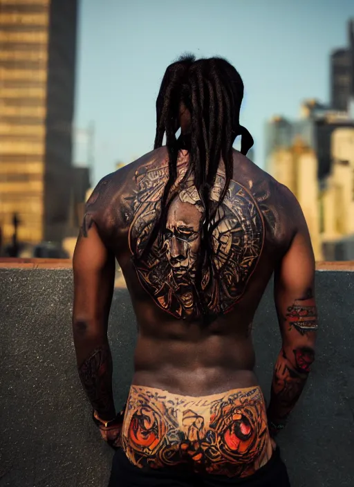 Image similar to Realistic Black man with fire tattoos, Dreadlock hair, city background, artistic pose, light atmosphere, cinematic shot, intricate, ornate, photorealistic, ultra detailed, realistic, 100mm, photography, octane, high definition, depth of field, bokeh, 8k, artstation