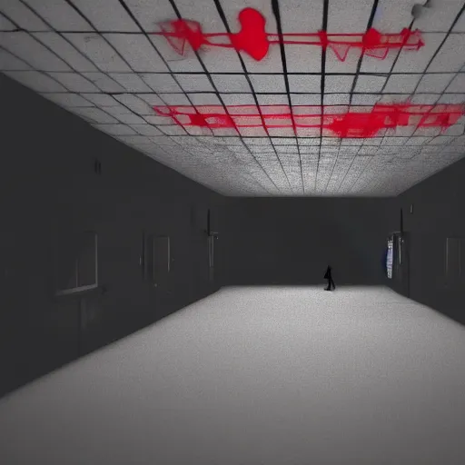 Image similar to cctv of an extremely dark empty abandoned building with glowing humanoid cryptid made out of television static, dark deep black shadows, red and black color contrast in the style of trevor henderson, liminal space, 3 d octane render, glitch effect