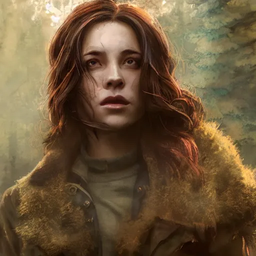 Prompt: fallout 5, charismatic beautiful rugged brunette female protagonist, portrait, outdoors forest area, atmospheric lighting, painted, intricate, volumetric lighting, beautiful, daytime, sunny weather, slight overcast, sharp focus, deep colours, ultra detailed, by leesha hannigan, ross tran, thierry doizon, kai carpenter, ignacio fernandez rios