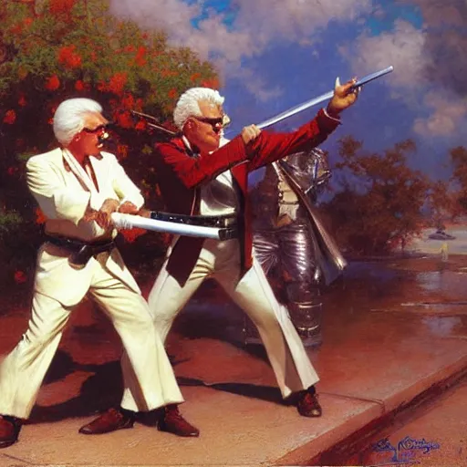 Image similar to colonel sanders with katana fighting donald mcdonald with gun, highly detailed painting by gaston bussiere, craig mullins, j. c. leyendecker, 8 k