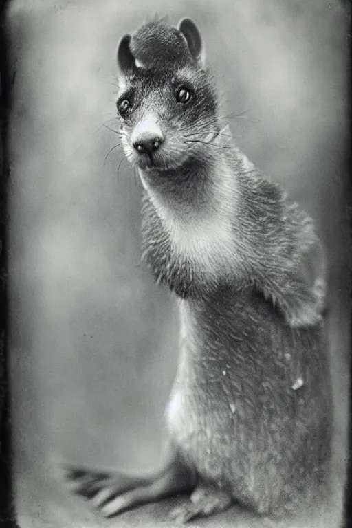 Image similar to a wet plate photo of a weasel monk