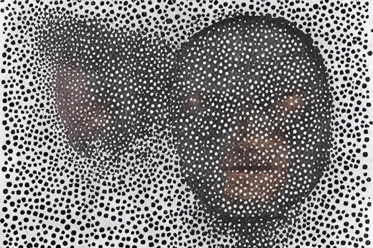 Image similar to face made out of planet, faceless people dark, dots, drip, stipple, pointillism, technical, abstract, minimal, style of francis bacon, asymmetry, pulled apart, cloak, hooded figure, made of dots, abstract, balaclava