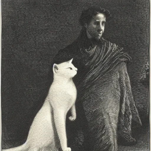 Prompt: manon and gregoire with a white cat with yellow eyes, gustave dore engraving