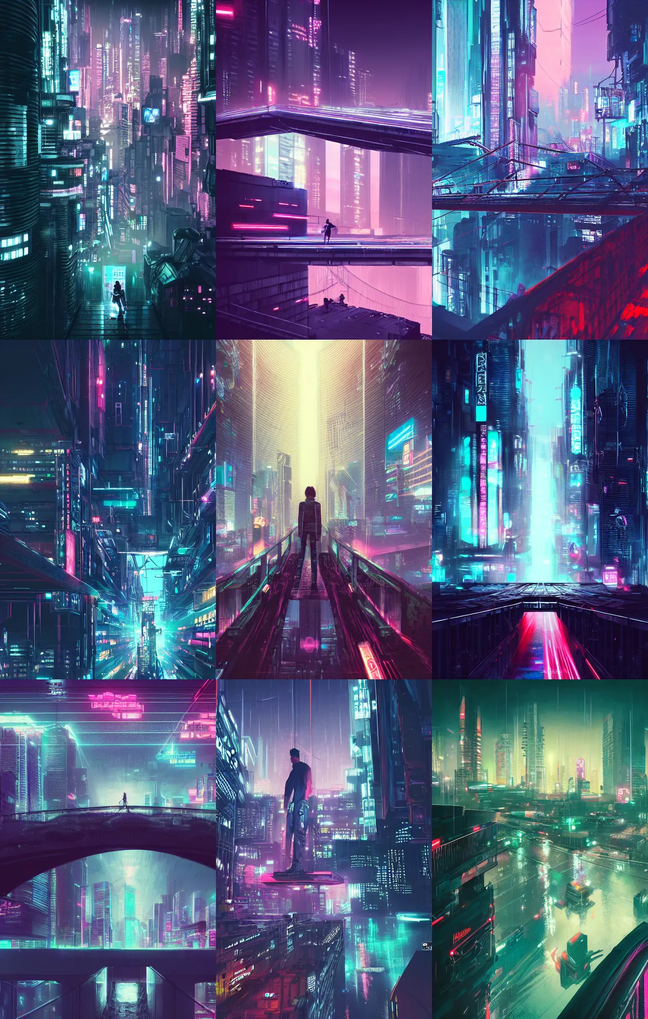 Prompt: a man standing on top of a bridge over a city, cyberpunk art by liam wong, cgsociety, retrofuturism, synthwave, cityscape, 2 d game art