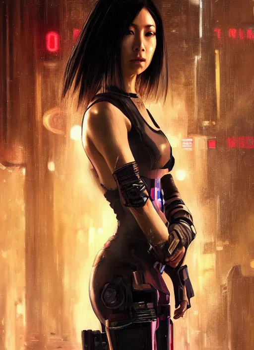 Image similar to Nikki Tanaka. Cyberpunk hitwoman in futuristic clothes (blade runner 2049, cyberpunk 2077). Orientalist portrait by john william waterhouse and James Gurney and Theodore Ralli and Nasreddine Dinet, oil on canvas. Cinematic, hyper realism, realistic proportions, dramatic lighting, high detail 4k