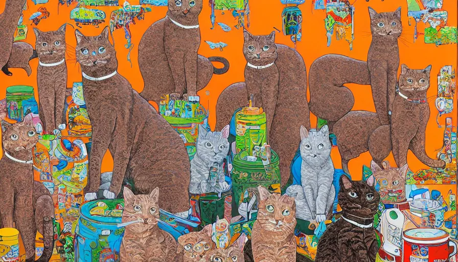 Image similar to highly detailed contemporary acrylic painting of really tall sitting cats by geof darrow, thick brush strokes and visible paint layers, vivid multicolor scheme