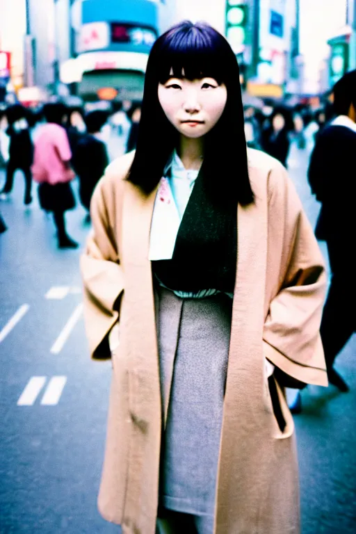 Image similar to street photography portrait of a beautiful japanese woman standing at shibuya crossing during midday, subtle colors, shot on cinestill 5 0 d film, iso 1 0 0, 5 0 mm lens aperture f / 8, dynamic composition, full frame, full res, sharp focus, hyper realistic